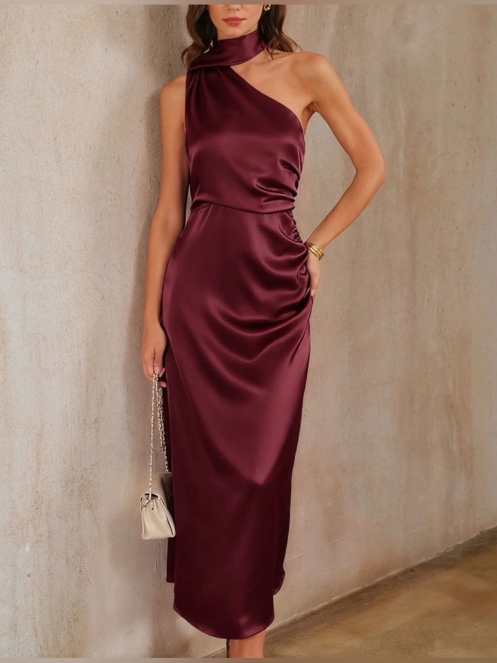 Commense One-Shoulder Satin Midi Dress in Wine